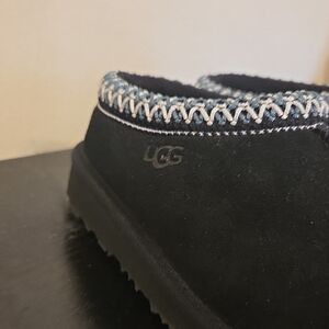UGG Black Suede Moccasins with Blue and White Trim